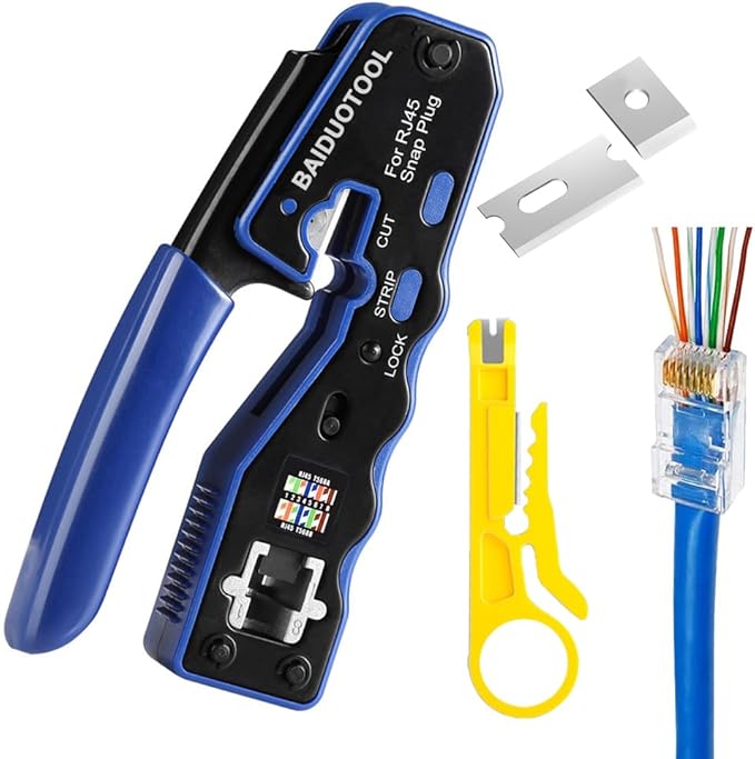 RJ45 Crimp Tool Pass Through Crimper Ethernet Crimping Tool Wire Crimper Stripper Cutter for Cat5e Cat6 Cat6a 8P8C Modular Connectors Ethernet Crimper Tool with mini yellow stripper