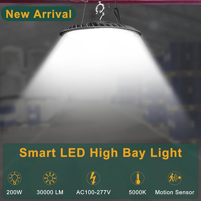 Smart 200W HIgh Bay LED Lights with Smart Controller Supports Normal Mode & Motion Sensor Mode(Energy Saving) ETL Listed UFO Lights for 25-35FT Warehouse-6Pack