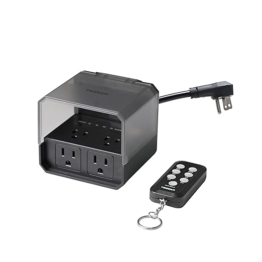 Outdoor Light Timer with Remote, TESSAN Timer Plug with 4 Outlets 100ft, Dusk to Down Countdown Sensor with Weatherproof Cover for Home, Garden