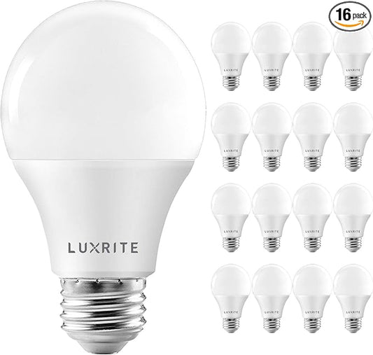 LUXRITE A19 LED Bulb 75W Equivalent, 1100 Lumens, 3500K Natural White, Dimmable Standard LED Light Bulbs 11W, Enclosed Fixture Rated, Energy Star, E26 Medium Base - Indoor and Outdoor (16 Pack)