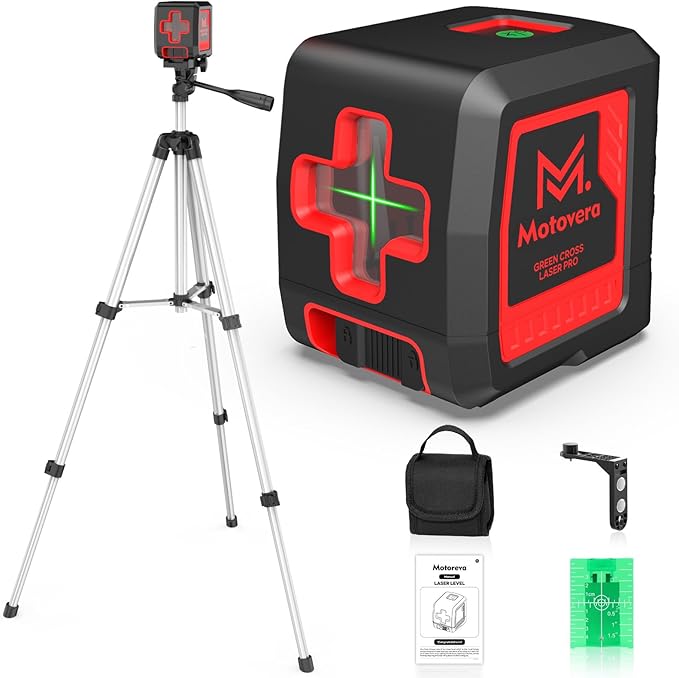 Laser Level with Tripod, 100 feet Green Cross Line Self Rotary Leveling Laser Level, 4 Brightness Adjustment, Manual Self leveling and Pulse Mode,IP54 Waterproof Battery Carrying Bag Included