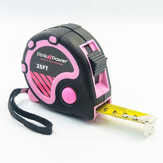 Pink Power 25ft Pink Tape Measure - Measuring Tape for Women's Tool Kit with Retractable Blade and Lock Button - Girls Measuring Kit - Lightweight Measurement Tool