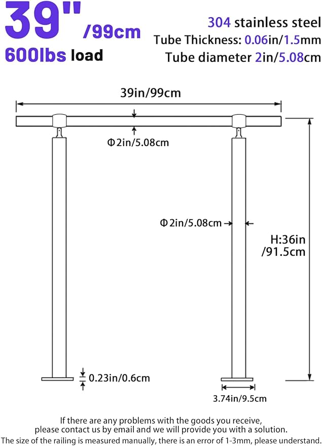 Outdoor 3 Step Handrail, DIY 304 Stainless Steel Transitional Hand Rails with Installation Kit, Silver Porch Stair Railing for Concrete Brick or Wooden Steps, 39 x 36 Inch