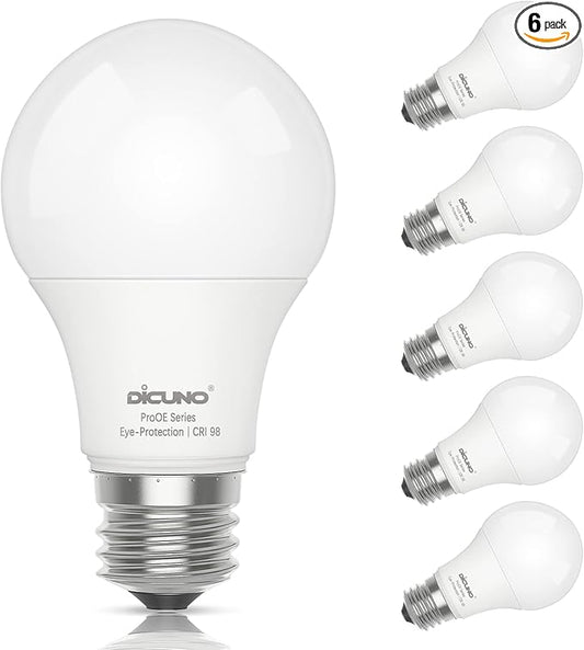 DiCUNO ProOE A19 LED Bulbs 60W Equivalent, 3000K Warm White, 806 Lumens 9W LED Light Bulb, High CRI 98, Non-dimmable, 100-240V, E26 Medium Base, Frosted, Pack of 6
