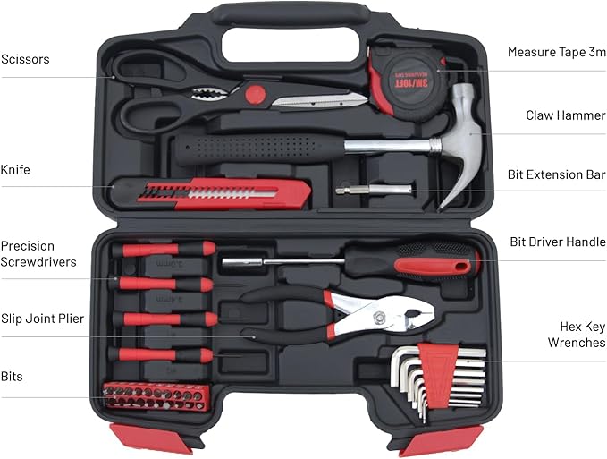 39-Piece Household Tools Kit Essential Home Repair Set with Plastic Toolbox Ideal for College Students, Home Use & More