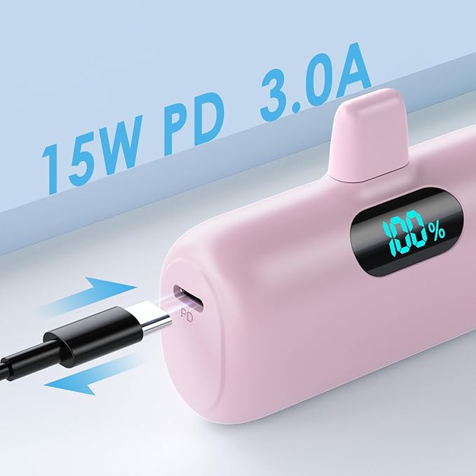 [2 Pack] Small Portable Charger for iPhone,Upgraded 5000mAh PD Fast Charging Power Bank, LCD Display Cute Mini Battery Pack Compatible with iPhone 14/14 Pro Max/13/13 Pro/12 Pro/11/XR/X/8,Blue+Pink