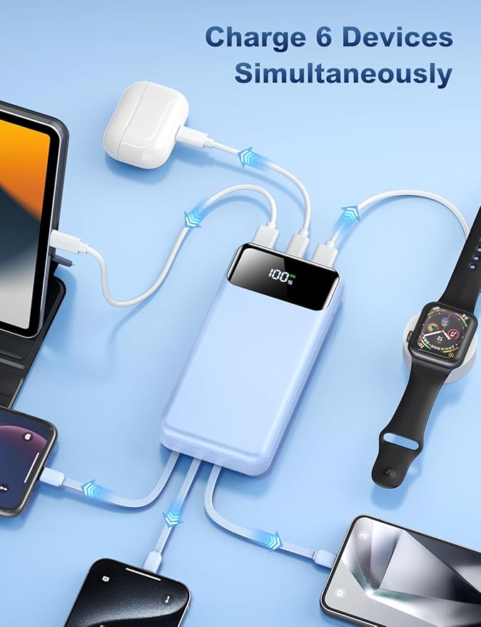 Portable Charger Power Bank 50000mAh Battery Pack, 22.5W Fast Charging PowerBank with Built in Cables,Travel Essential USB-C Portable Phone Charger for iPhone Samsung Pixel Android iPad-Blue