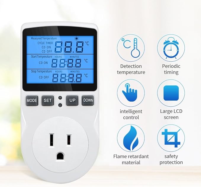 Digital Temperature Controller Thermostat Timer, Reptile Thermostat Controller, Day Night Timer, 110V, Temperature Controlled Outlet Plug, Heating Cooling Control with Sensor