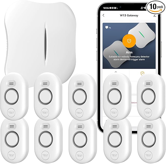 WiFi Water Leak Detector for Home with App Notification, 1 Gateway+10 Sensor, 120dB Flood/Drip Alarm for Basement/Kitchen/Bathroom/Toilet/Laundry Room, Under Sink/Drain/Pipe Leakage, W13+WD61x10-White