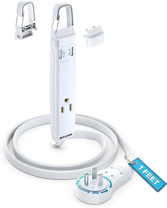 360° Rotating Flat Plug Extension Cord with USB Ports and a Removable Hook White Extension Cord 1 ft (16 Gauge) UL Certified