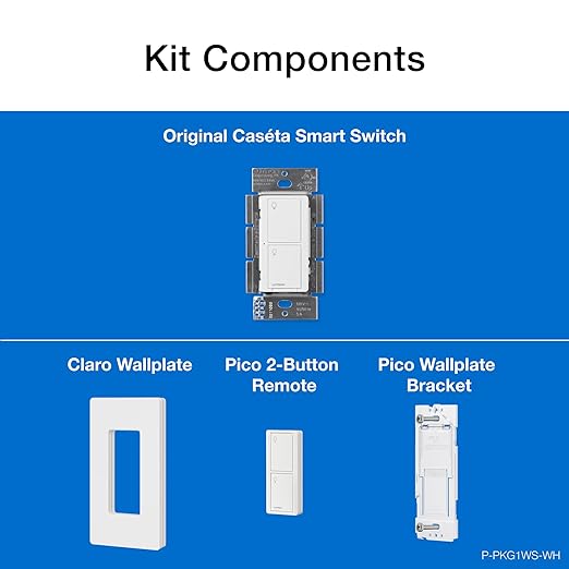 Lutron Caseta Smart Switch 3-Way Kit, with Pico Remote, Wallplate, Wall Bracket for LED Lights and Fans, 5 Amp, Neutral Required, P-PKG1WS-WH