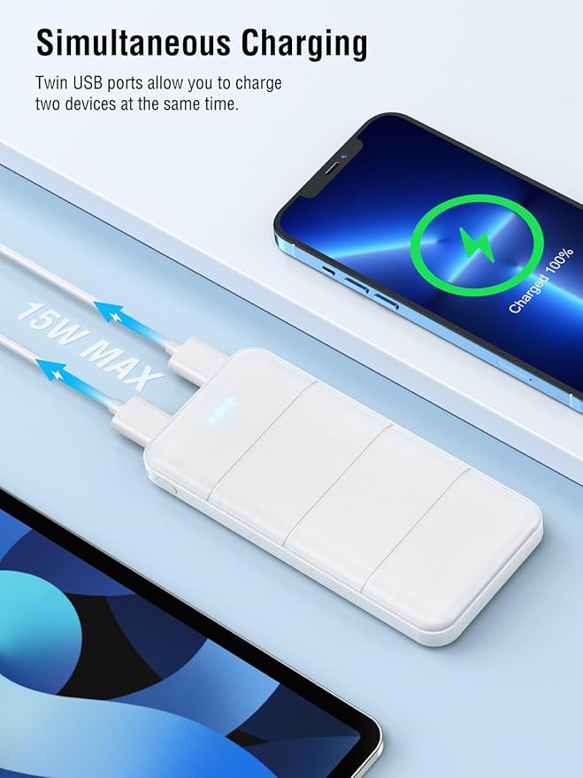 Portable-Charger-Power-Bank - 15000mAh Dual USB Power Bank Output 5V3.1A Fast Charger Portable Charger Compatible with Smartphones and All USB Devices (White)