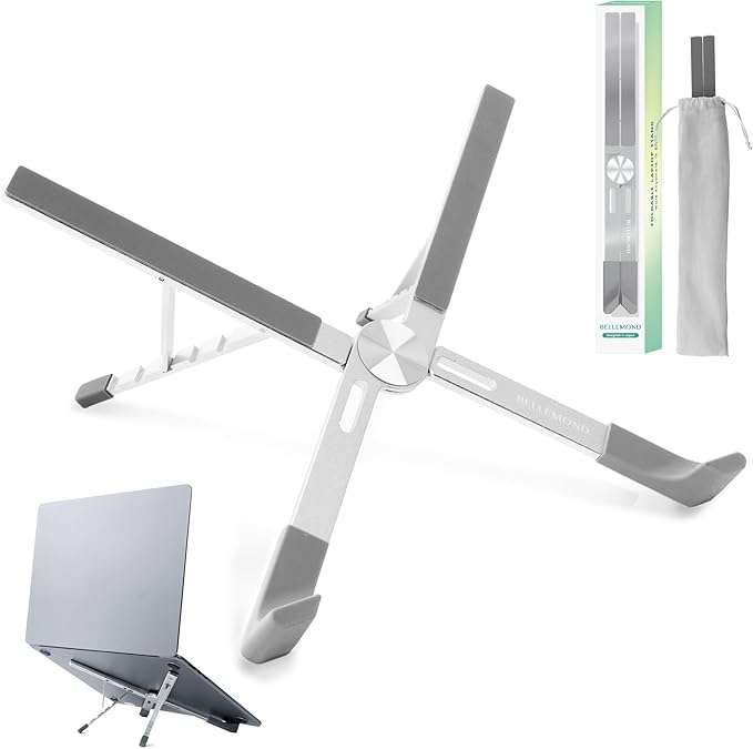 BELLEMOND | Adjustable Laptop Stand – Lightweight Aluminum Riser with 5 Height Levels | Foldable, Ventilated X-Frame Design | Designed in Japan | Fits Laptops & Tablets up to 17.3” | Space Silver