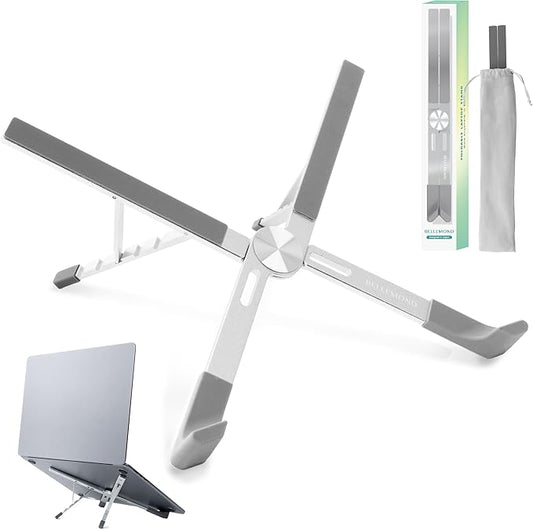 BELLEMOND | Adjustable Laptop Stand – Lightweight Aluminum Riser with 5 Height Levels | Foldable, Ventilated X-Frame Design | Designed in Japan | Fits Laptops & Tablets up to 17.3” | Space Silver