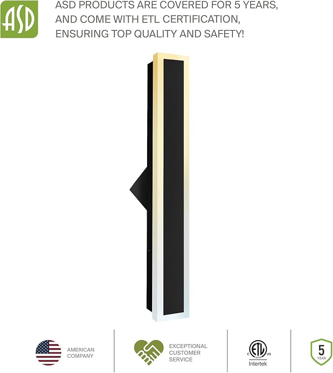 ASD LED 18" Long Wall Mount Light Fixture, Outdoor & Indoor Linear Sconce | 3CCT, Dimmable, Waterproof, Anti-Rust, ETL Listed | 18W 1500LM 3000-5000K 100-277V | Exterior Porch Lighting | Black, 2 Pack