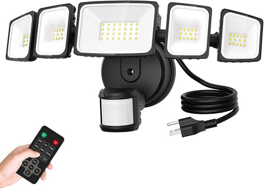 55W LED Flood Light Outdoor Motion Sensor with Plug, 5000LM LED Security Light with Remote Control, IP65 Waterproof, 6500K Flood Light for Yard Garage Garden Driveway Backyard(Black)