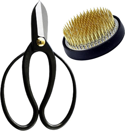 Wazakura Made in Japan Ikebana Tool Kit - Koryu Scissors + Brass Kenzan Flower Holder, Japanese Floral Arrangement Set, Florist Shears and Pin Frog Gift Box Set - Koryu+Brass Kenzan 2.4" (61mm)