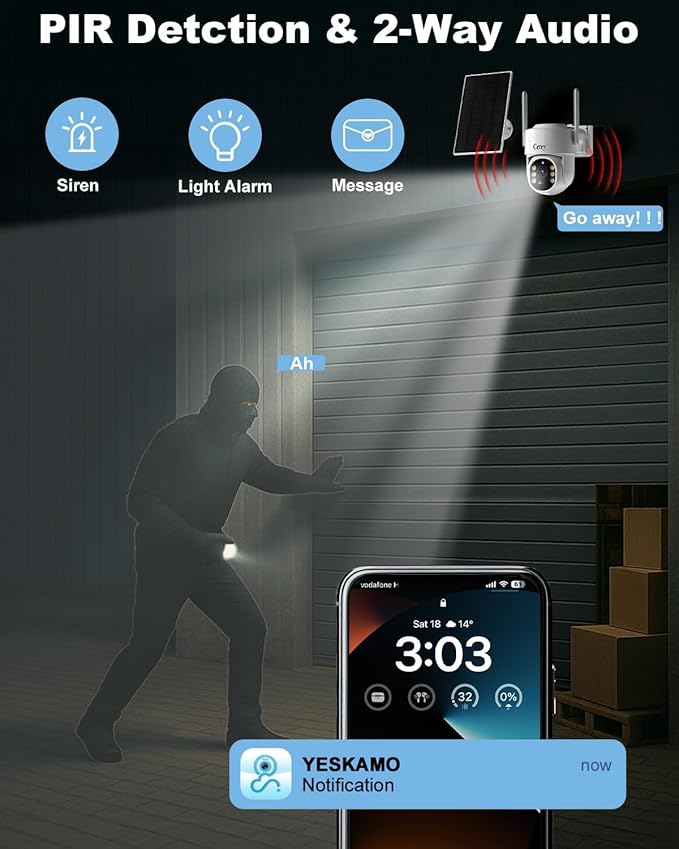 4G LTE Cellular Security Camera Wireless Outdoor, No WiFi Solar Powered Camera for Farms, Ranches, Estates Surveillance, 2K Color Night Vision, 360°PTZ, 2-Way Audio, PIR Motion Sensor