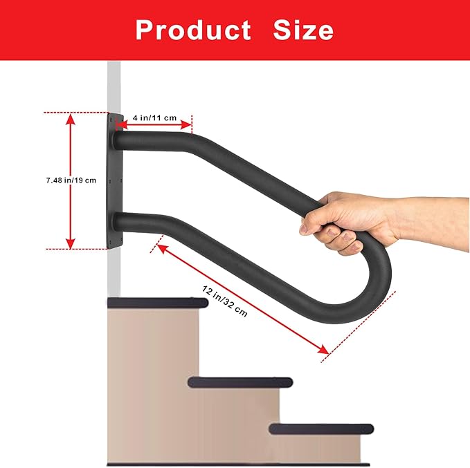 2Pcs Handrail for 1-3 Steps,U Shaped Black Elderly Safety Grab Bar for Stairs Wall Mounted Hand Railing for Outdoor Garage Entry Interior or Exterior Stairway