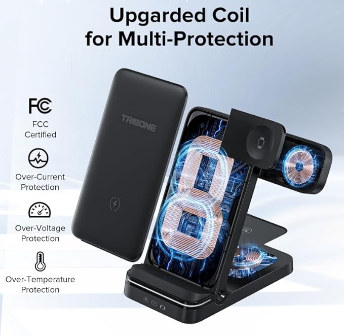 Wireless Charger, Tribone 3 in 1 Foldable Fast Charger for iPhone 16 15 14 13 12 11 Pro Max XR XS 8 Plus,for Multiple Devices，for Apple Watch 10 9 8 7 6 5 4 3 2 SE Ultra,for AirPods Pro 4 3 2, Black