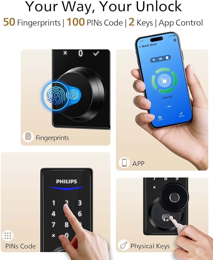 Philips Fingerprint Smart Lock, Keyless Entry Door Lock, Smart Door Locks for Front Door, Keypad Deadbolt, APP Control, 9-Month Long Battery