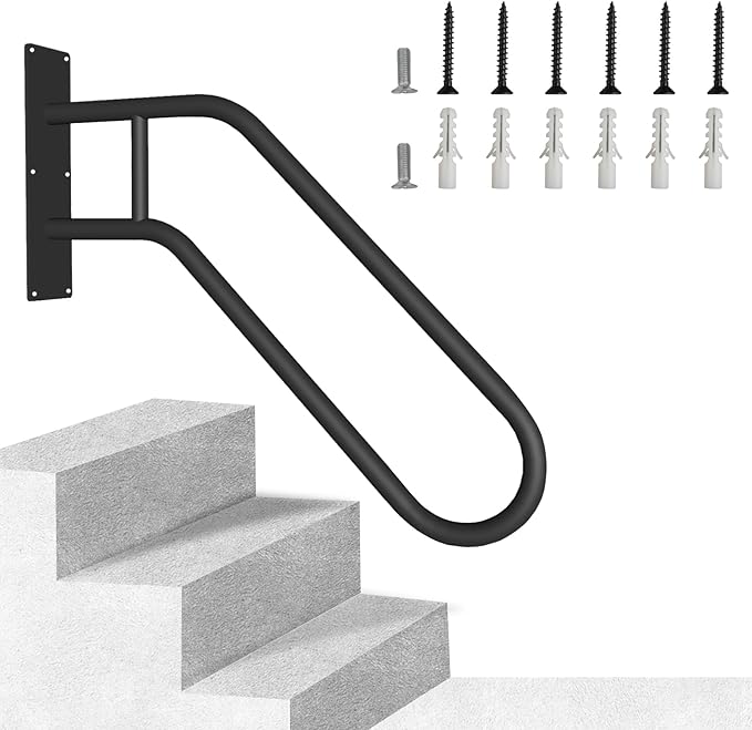 Outdoor Handrail for 1-3 Steps, 22.8" Length Wall Mount Stair Railing, 500LBS Strong U-Shaped Safety Grab Bar, Matte Black Metal