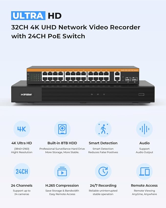 H.VIEW 32CH 4K PoE NVR Security Camera System 8TB, Smart Detection, Smart Human Detection, 20x8MP Outdoor Commercial PoE IP Cameras, AI Detection Trigger Color Night Vision, Surveillance for Business