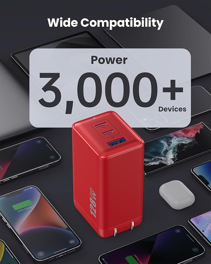 128W USB C Wall Charger,GaN III 3-Port Fast Charging Station,PD QC Foldable Charger Block Portable 65W Laptop Adapter for MacBook Pro/Air,iPad Pro,Galaxy S23,Dell XPS 13,iPhone 16/15/Pro etc