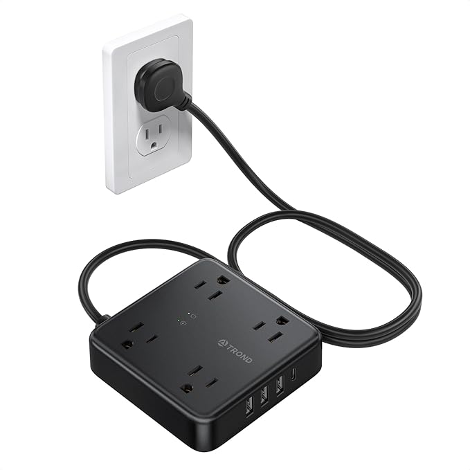 TROND Surge Protector Power Strip with USB Ports, 5ft Flat Plug Extension Cord with Multiple Outlets, 1440J, Wall Mount for Home Office Dorm Room Essentials, Black