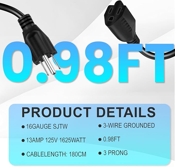 Short Power Extension Cord,16AWG/13A,Outlet Saver, 3 Prong Male Plug to Female Socket Heavy Duty Power Extension Cable(1FT/0.3M)