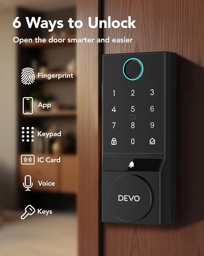 Devo G3 Fingerprint Smart Door Lock, Keyless Entry Door Lock, App Control, Smart Locks for Front Door, Smart Deadbolt Lock, Built-in Wi-Fi, Touchscreen Keypad, 8 Months Battery, IP54 Waterproof
