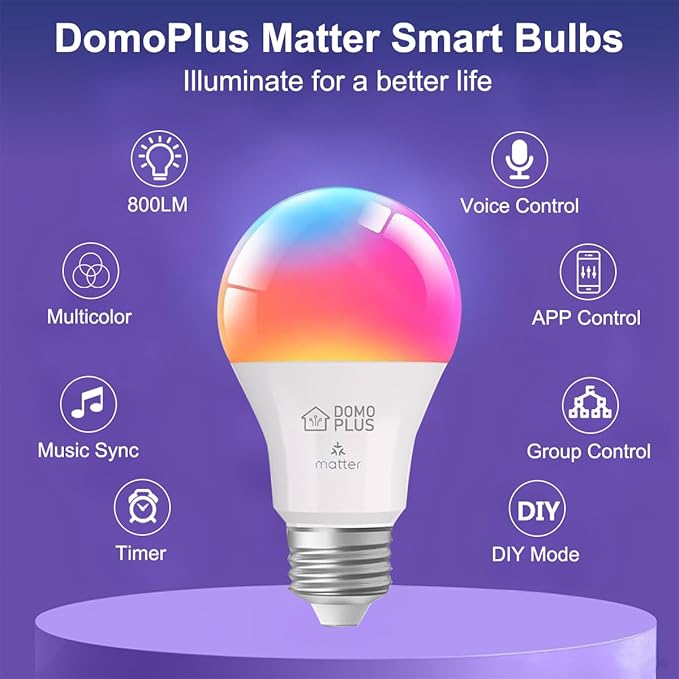 Matter Smart Light Bulb, A19 WiFi Smart Bulbs, Recessed Can LED Color Changing Light Bulbs RGBW, Works with Matter, Alexa and Google Assistant, 2.4Ghz Only, E26 800 Lumen, 2 Pack
