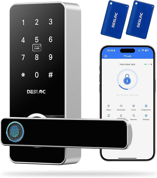 DESLOC B200L Fingerprint Smart Lock with Handle, Keyless Entry Door Locks, App Control, Touchscreen Keypad, 100 PIN Codes, Auto-Lock, 12-Month Battery, Emergency Power Port, IP54 Silver