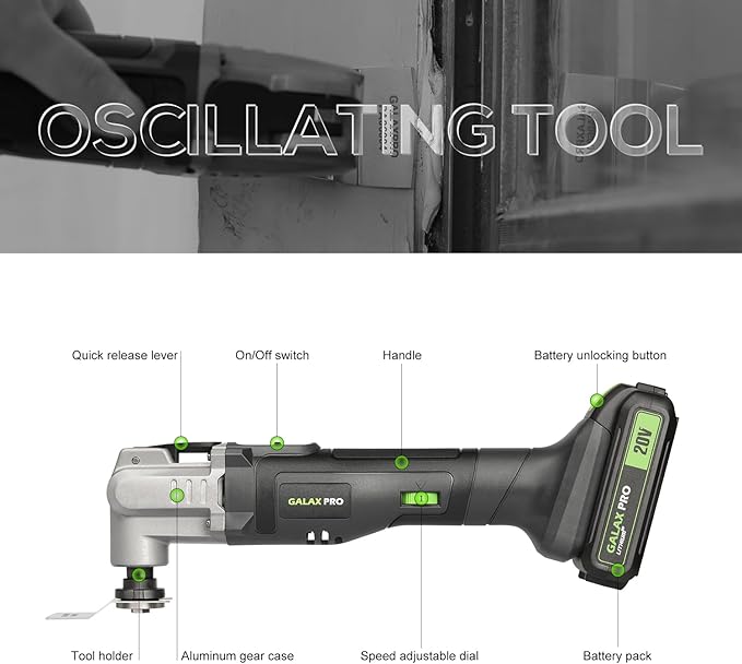 GALAX PRO Power Oscillating Tool, Cordless Oscillating Multi Tool 20V Lithium Ion with 1.3Ah Battery and Charger, 3pcs Blade and 10pcs Sanding Papers for Sanding, Grinding