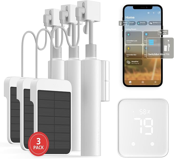SwitchBot Blind Tilt Automatic Blind Opener 3-Pack & Hub 2- Smart Motorized Blinds with Bluetooth/IR Remote Control, WiFi Thermometer Hygrometer, Light Sensor, Work with Alexa, Google Home, HomeKit