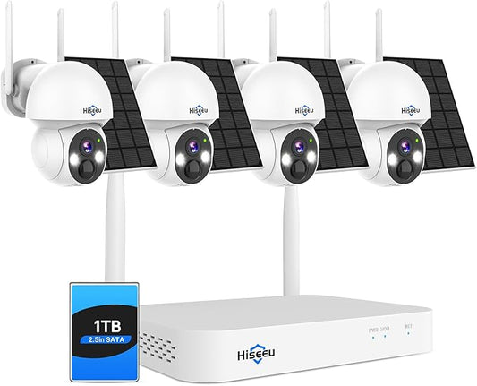 Hiseeu Wireless Solar Camera System Outdoor, 4PCS 4MP Home Battery Camera with 1T HDD, PTZ 360° View, PIR Motion Detection, Color Night Vision, IP66, 2-Way Audio, 2.4G WiFi, No Monthly Fee