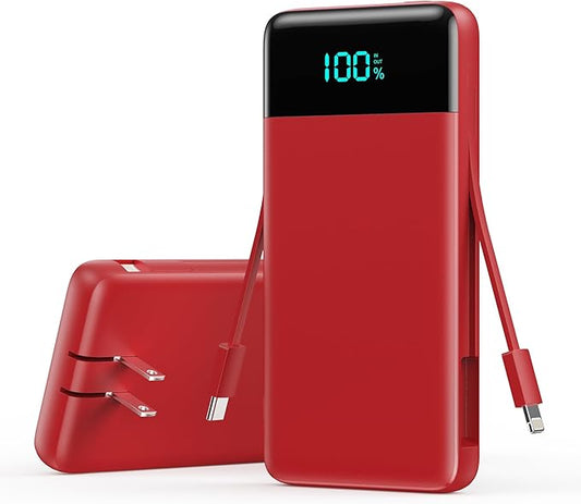 YHO Portable Charger 13800mAh for iPhone with Built-in Cables & AC Wall Plug,5-in-1 USB-C Power Bank,LCD Display External Battery Pack Phone Charger Compatible with iPhone 16/15/14,Android (Red)