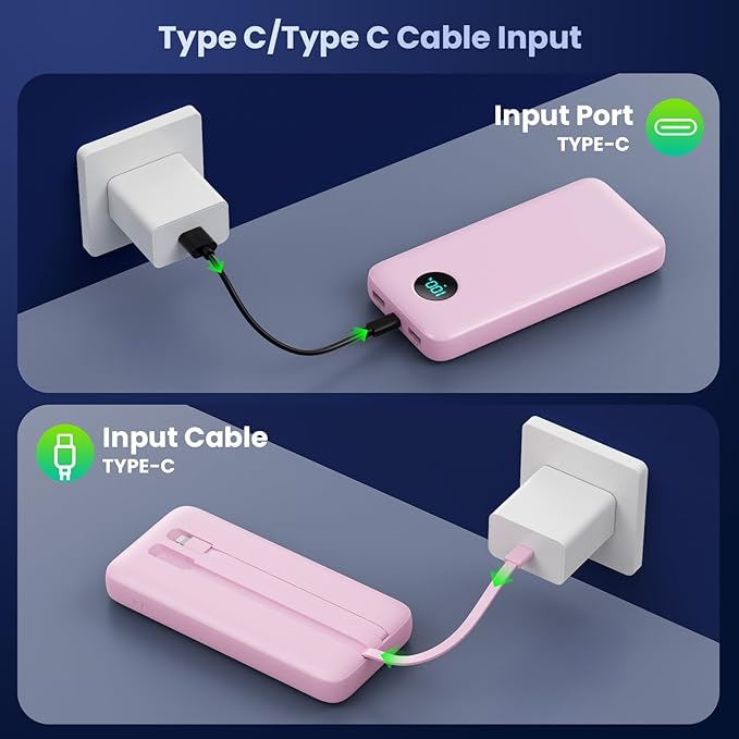 Portable Charger PowerBank 40,800mAh with 2 Built-in Cables,25W PD Fast Charging +QC 4.0 Quick Phone Charging Power Bank, 5 Outputs LCD Display USB C Battery Pack for iPhone 16/15 Android Galaxy etc