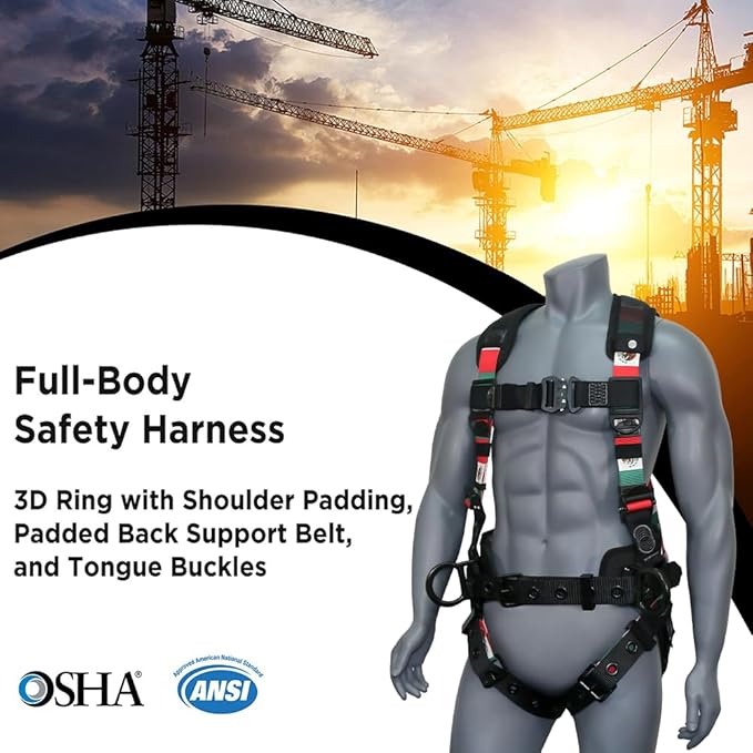 AFP Fall Protection Full-Body Premium Safety Harness, 8” Thick Support Belt, Aluminum D-Rings, Tongue Buckle (OSHA/ANSI PPE)
