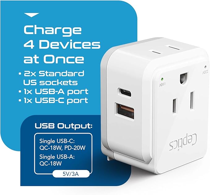 Ceptics UK, Ireland Power Adapter Travel, Safe Dual USB & USB-C 3.1A - 2 USA Socket - Compact & Powerful - Use in Hong Kong, England, Dubai, Saudi Arabia - Includes Type G Swadapt Attachments