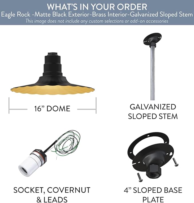 Steel Lighting Co. Eagle Rock Pendant | Ceiling Mounted Light | 16 inch Radial Wave | 12 inch Sloped Stem | Heavy Duty Steel Retro Farmhouse Style Made in America | Matte Black Exterior/Brass Interior