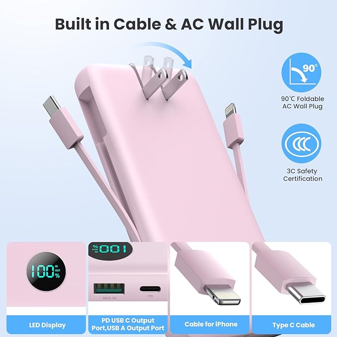 Portable Charger 33800mAh USB C Power Bank with Built-in Cables & AC Wall Plug,25W Fast Charging+QC 4.0 Phone Charger,4 Output LCD Display Battery Pack Compatible with iPhone16/15,Samsung,Android etc