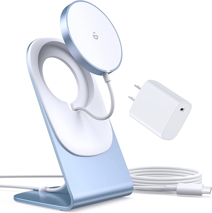 Magnetic Wireless Charger with Aluminum Charging Pad Stand Compatible with iPhone 16/15/14/13/12 Series，20W PD Charger&5ft Cable Included, Blue