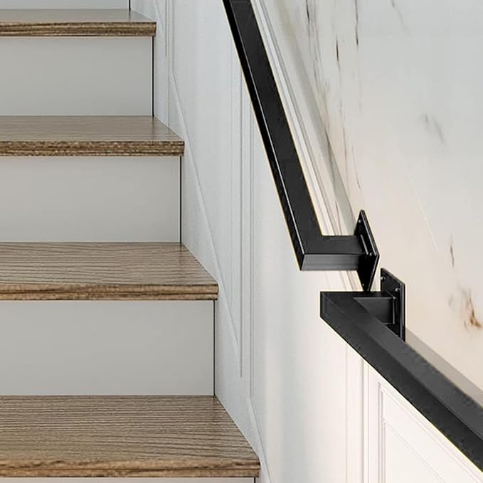 4.5FT Black Iron Hand Railing, Sturdy Safety Staircase Handrails Wall Mount, 500lbs Load Capacity Industrial Iron Railing Pipe Handrail for Indoor Stairs, Outdoor Deck Loft Porch, Non-Slip and Rust