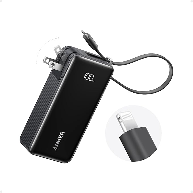 Anker Nano 3-in-1 Power Bank, Foldable AC Plug, 10,000mAh, 30W Two-Way Fast Charging, Built-in Lightning Cable (Not for iPhone 16/15 Series), Compatible with iPhone 14 Series, AirPods, and More