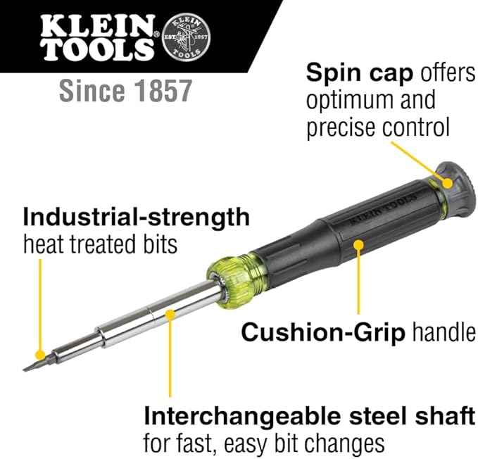 Klein Tools 32314 Electronic Screwdriver, 14-in-1 with 8 Precision Tips, Slotted, Phillips, and Tamperproof TORX Bits, 6 Precision Nut Drivers