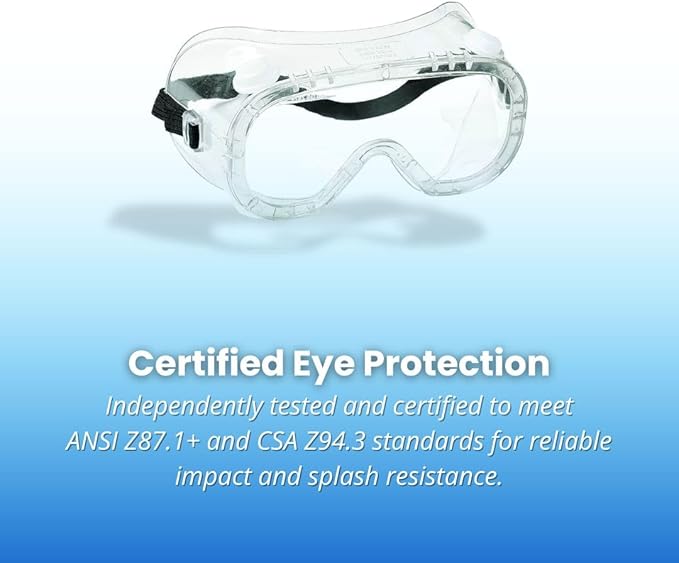 Technician Splash Goggles with Clear Lens – ANSI Z87.1+ Certified, 390° Cap Vents, Indirect Ventilation for Dust & Chemical Splash Protection