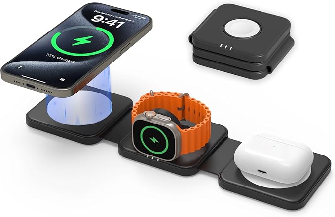 Wireless Charger Magnetic for iPhone - JoyGeek Wireless Charging Station Pad for iPhone 15 14 13 12 Pro Max Plus, for Apple Watch Ultra 9-2, AirPods