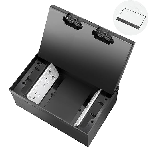 Vagueior Recessed Floor Electrical Outlet Kit,with 4 * 15A Receptacle+1 * 5V 2.1A USB Charging Ports+2-Port RJ45 Datacom Receptacle，Waterproof Electrical Outlet Covcer Box,Black