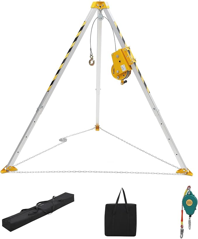 Confined Space Tripod Kit, 1200 lbs Winch, 7' Legs & 98' Cable, Steel Confined Space Rescue Tripod with 33' Fall Protection, Storage Bag for Traditional Confined Spaces Safety